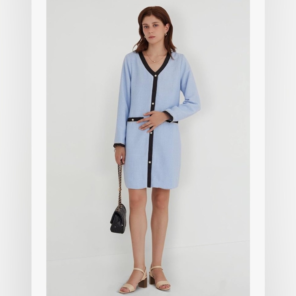 NEW Tweed Long Sleeve V Neck Button Down Elegant Career Dress S